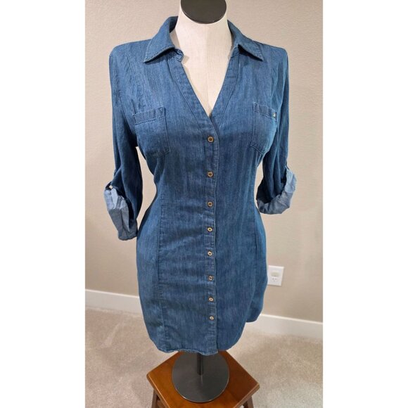 Guess Womens Denim Button-Down Shirt Dress With Roll-Tab Sleeves & Chest Pockets - Picture 1 of 13